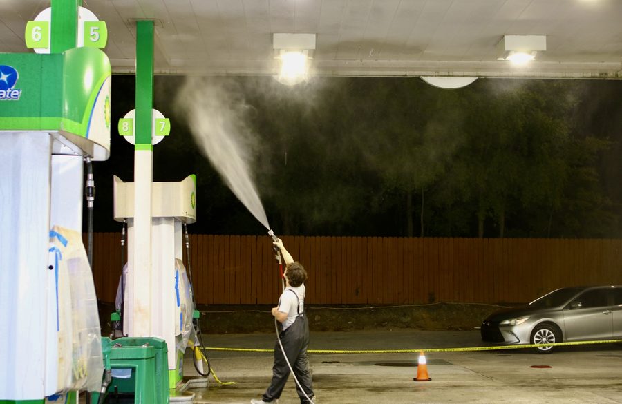 Commercial building exterior soft wash pressure washing service at BP gas station Raleigh NC