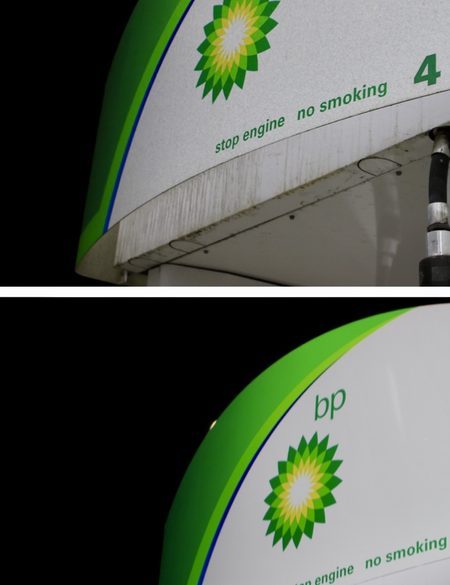 Dirty BP gas pump canopy before commercial soft wash cleaning Raleigh NC