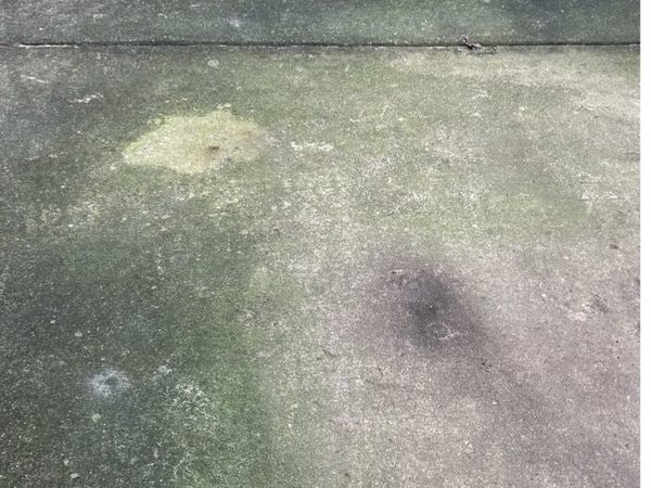 Dark stained driveway before pressure washing Cary NC